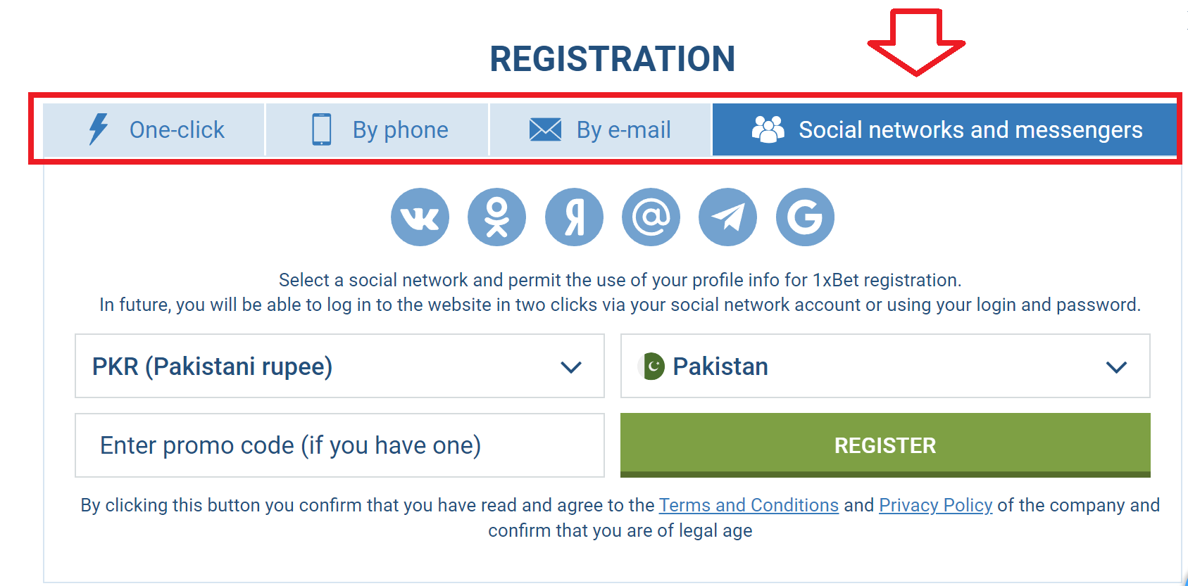 1xBet registration via social networks